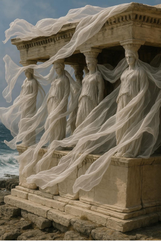 #Caryatider som flyter i vinden# skulpturens stil er nært assosiert med gammel gresk kunst