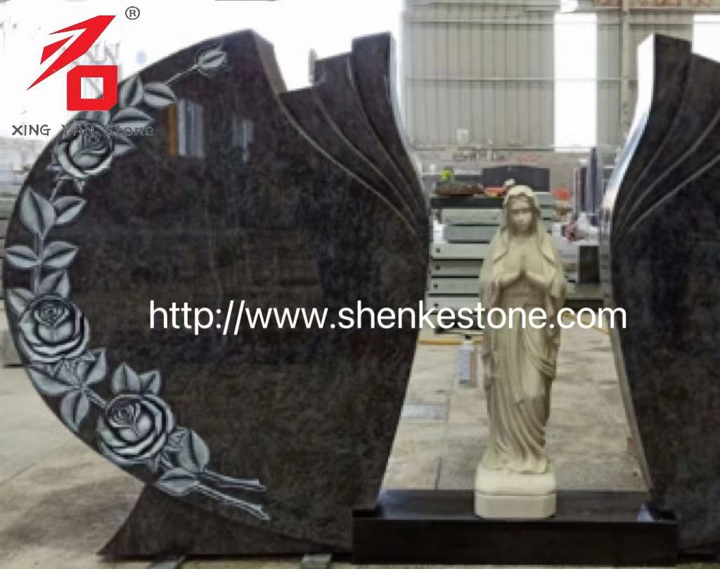 Dobbelt utskåret Rose Mary Headstone Bahama Blue Granite